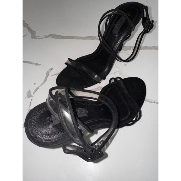 Alexander Wang Atalya‎ Black Suede Sandals Clear Strap Heels Size 38 - Picture 1 of 10